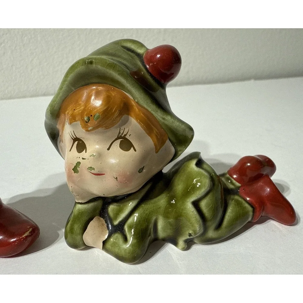 Vtg 2 Pc. Ceramic Pixie Santa Elf Music Christmas‎ Handpainted Figurine Japan 4